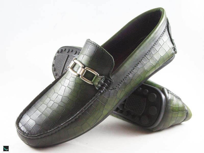 Patina finished loafer with saddle ornament in green
